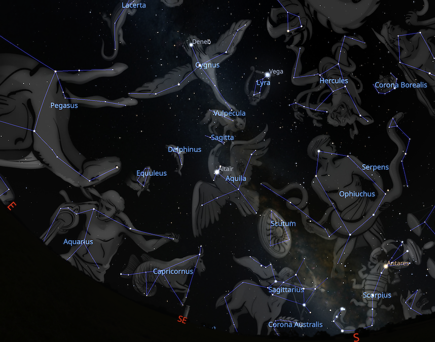 An image created by Stellarium, with the use of constellation art, showing the summer constellations in the Northern Hemisphere.